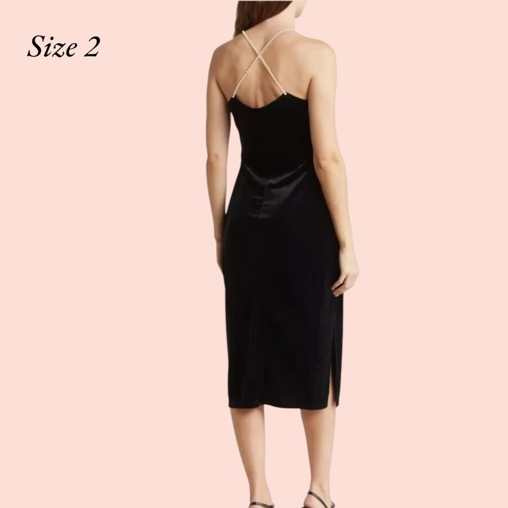 Sam Edelman Pearl Beaded Strap Velvet Midi Dress BLACK Size 2 NEW!